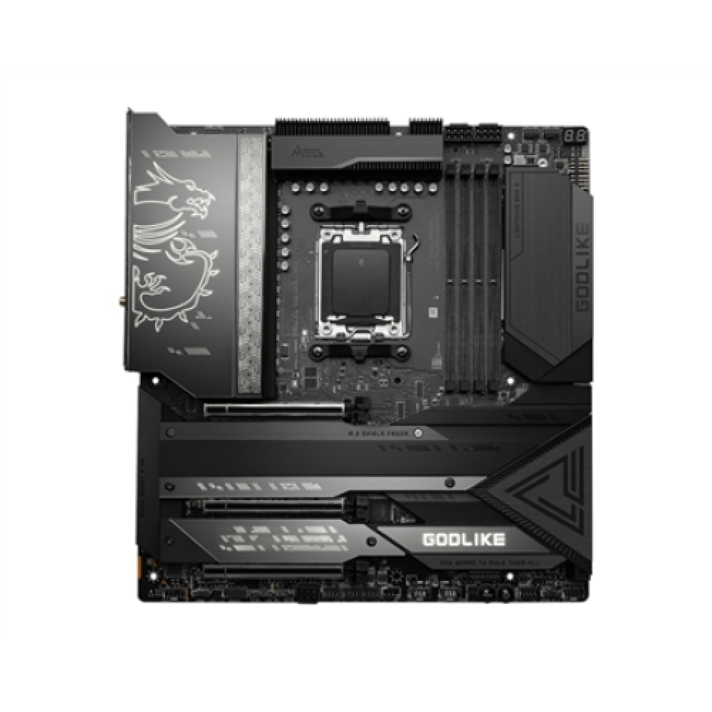 MSI MEG X670E GODLIKE Processor family AMD, Processor socket AM5, DDR5 DIMM, Memory slots 4, Supported hard disk drive interfaces SATA, M.2, Number of SATA connectors 8, Chipset AMD X670, E-ATX
