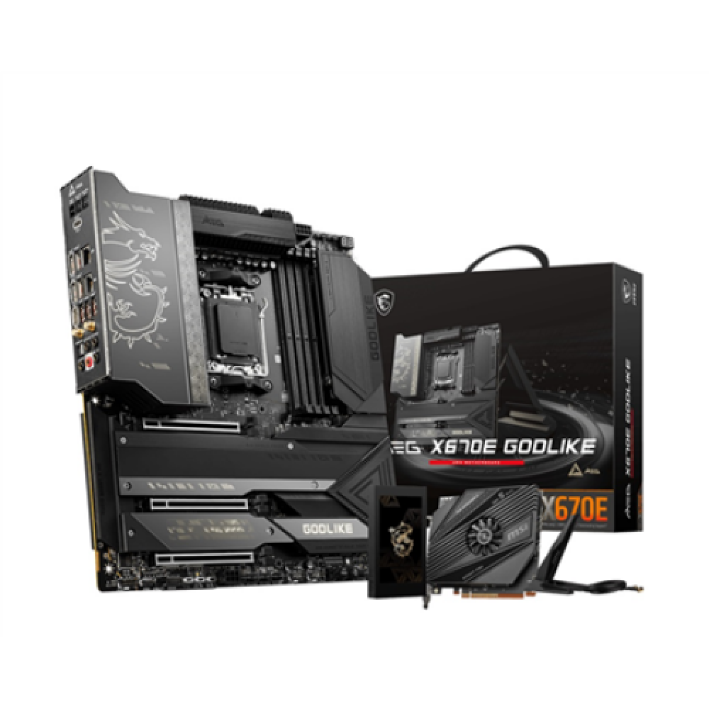MSI MEG X670E GODLIKE Processor family AMD, Processor socket AM5, DDR5 DIMM, Memory slots 4, Supported hard disk drive interfaces SATA, M.2, Number of SATA connectors 8, Chipset AMD X670, E-ATX