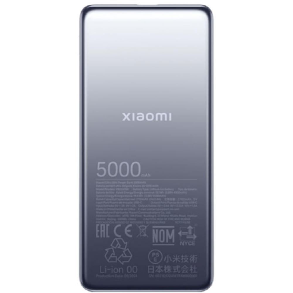 Xiaomi Ultra Slim Power Bank , 5000 mAh , USB-C , Gray