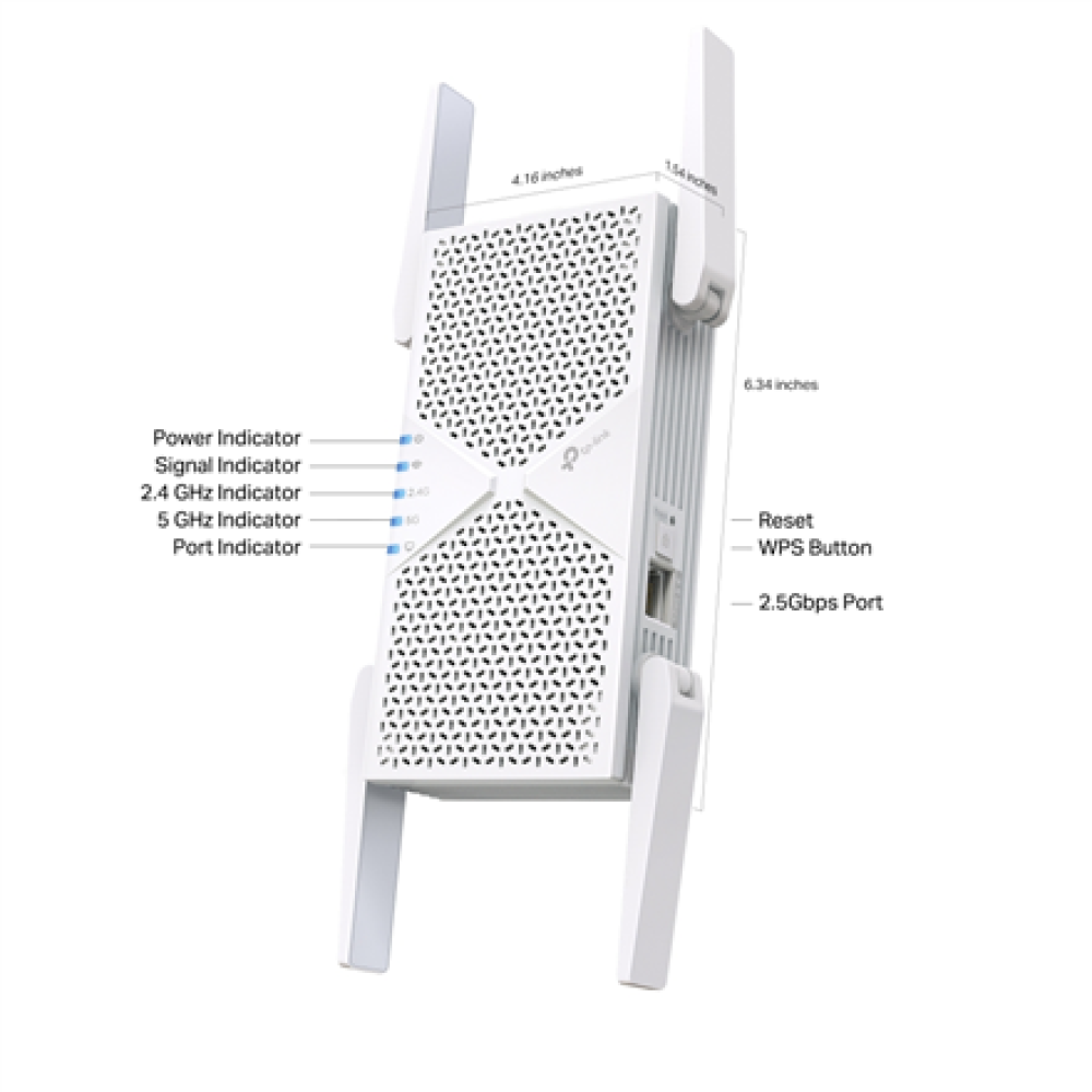 TP-LINK BE6500 Dual-Band Wi-Fi 7 Range Extender , RE405BE , 2.4 GHz, 5 GHz , 802.11ax , 688/5764 Mbit/s , Ethernet LAN (RJ-45) ports 1 , MU-MiMO No , no PoE