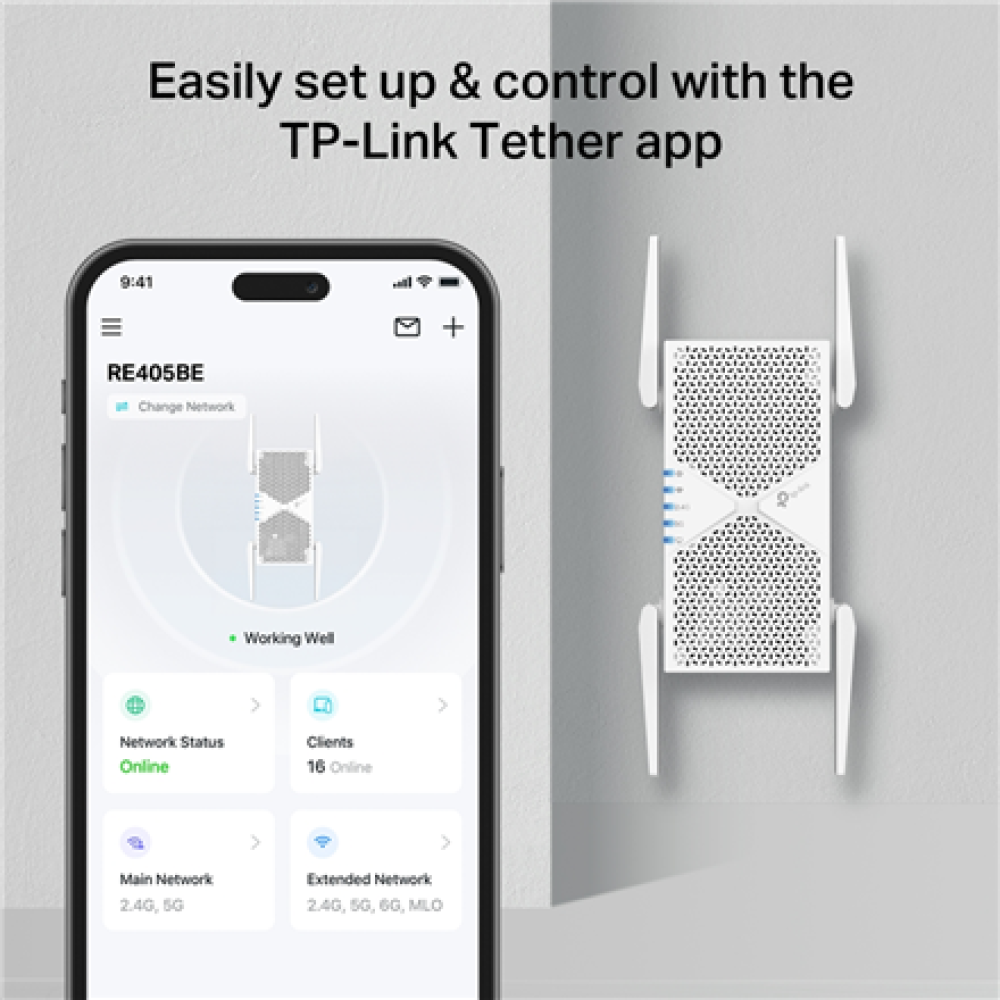 TP-LINK BE6500 Dual-Band Wi-Fi 7 Range Extender , RE405BE , 2.4 GHz, 5 GHz , 802.11ax , 688/5764 Mbit/s , Ethernet LAN (RJ-45) ports 1 , MU-MiMO No , no PoE