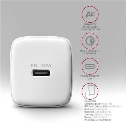 AXAGON Sil wallcharger 1x port USB-C, PD3.0 /PPS/QC4+/SFC/AFC/Apple, 30w , ACU-PD30W