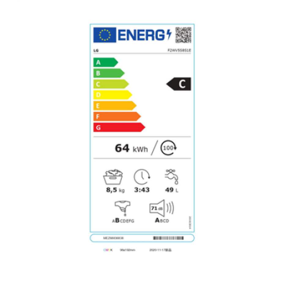 LG Washing Machine F2WV5S8S1E Energy efficiency class C, Front loading, Washing capacity 8.5 kg, 1200 RPM, Depth 48 cm, Width 60 cm, Display, LED, Steam function, Direct drive, Wi-Fi, White