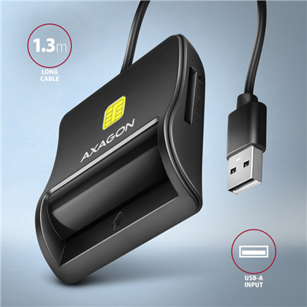 AXAGON Compact desktop USB contact Smart/ID & SD/microSD/SIM card reader with long, USB-A cable , CRE-SM3SD