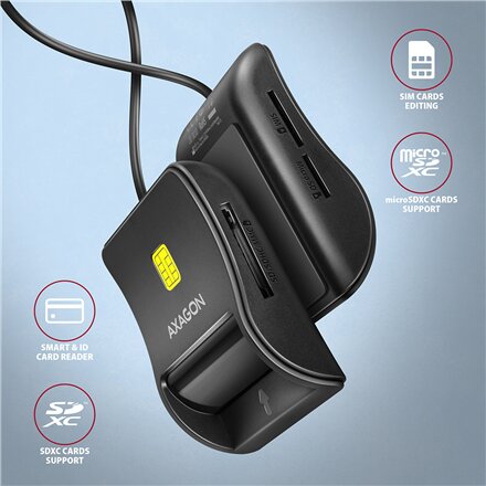 AXAGON Compact desktop USB contact Smart/ID & SD/microSD/SIM card reader with long, USB-A cable , CRE-SM3SD