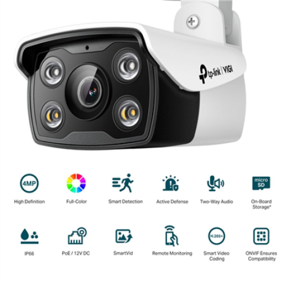TP-LINK , VIGI 4MP Outdoor Full-Color Network Camera , VIGI C340 , month(s) , Bullet , 4 MP , 6 mm , IP66 , H.265+/H.265/H.264+/H.264 , MicroSD