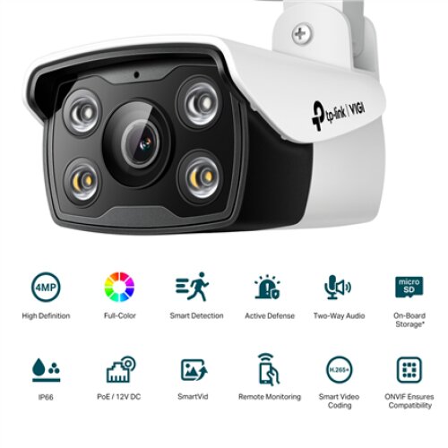 TP-LINK , VIGI 4MP Outdoor Full-Color Network Camera , VIGI C340 , month(s) , Bullet , 4 MP , 6 mm , IP66 , H.265+/H.265/H.264+/H.264 , MicroSD