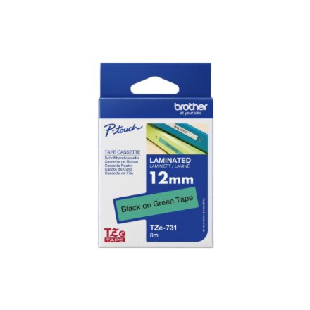 Brother , TZe-731 Laminated Tape , Black on Green , TZe , 8 m , 1.2 cm