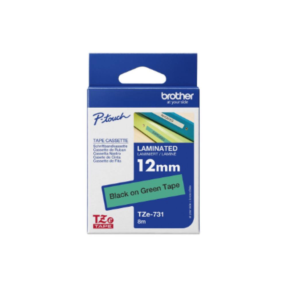 Brother , TZe-731 Laminated Tape , Black on Green , TZe , 8 m , 1.2 cm