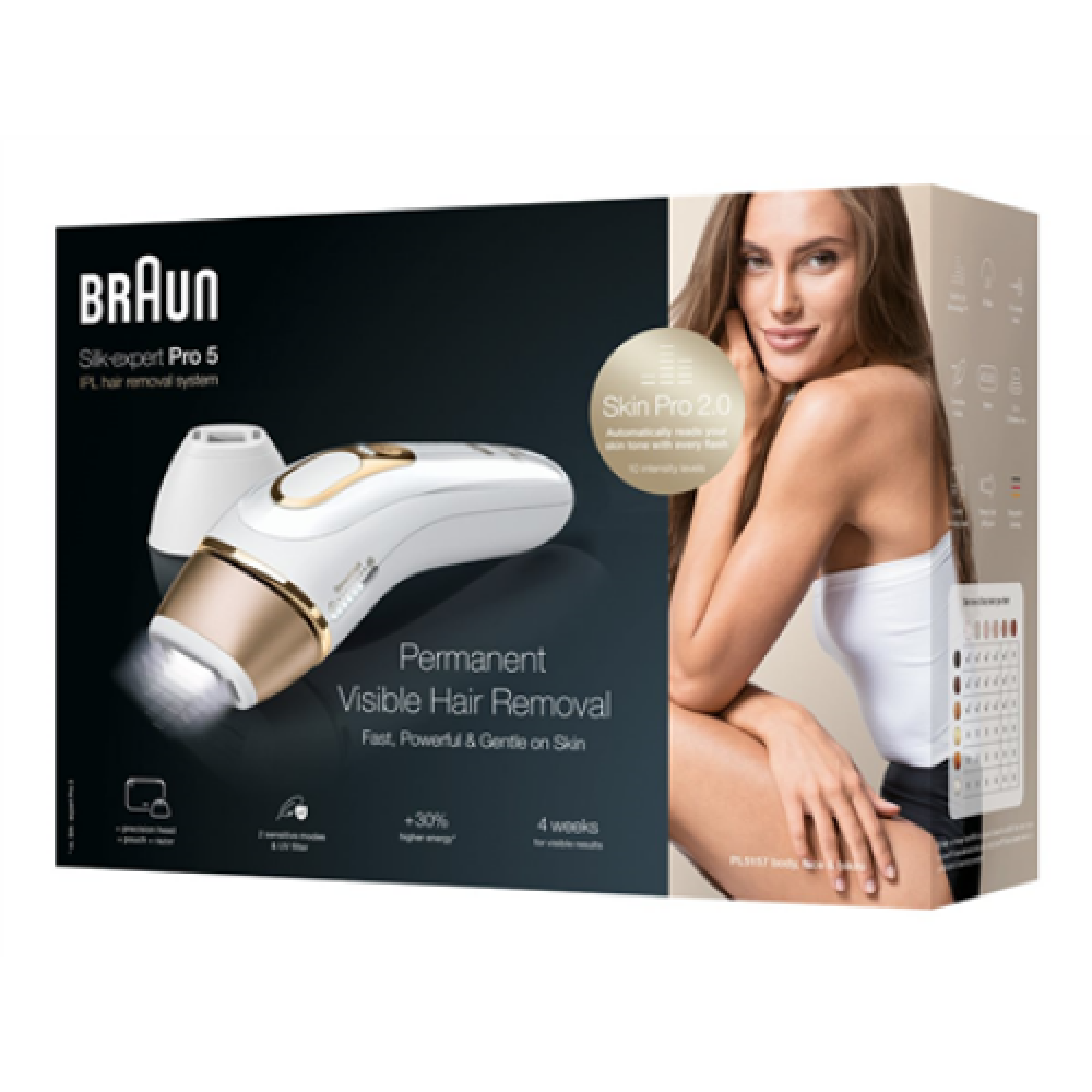 Braun , PL5157 Silk-expert Pro 5 IPL , Epilator , Operating time (max) min , Bulb lifetime (flashes) 400.000 , Number of power levels 10 , White/Gold