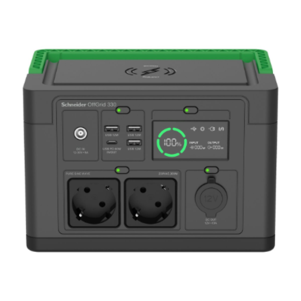 APC OffGrid Portable Power Station 330, 230V, 332Wh Lithium-ion, LCD, 2 CEE 7/3 Schuko outlets, Sinewave, 3 USB-A, 1 USB-C, Wireless Charger , Schneider Electric