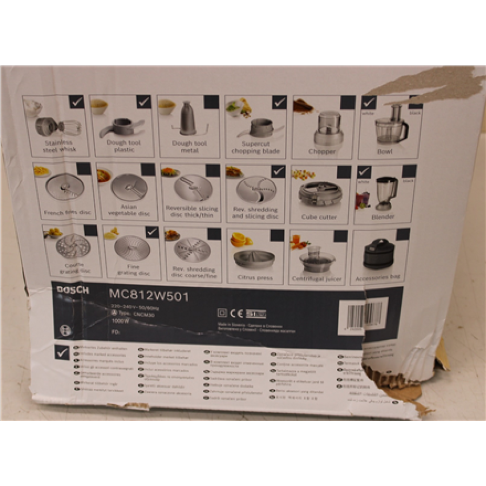 SALE OUT. Bosch Food Processor MultiTalent 8 , MC812W501 , 1000 W , Number of speeds 2 , Bowl capacity 3.9 L , Blender , White , DAMAGED PACKAGING