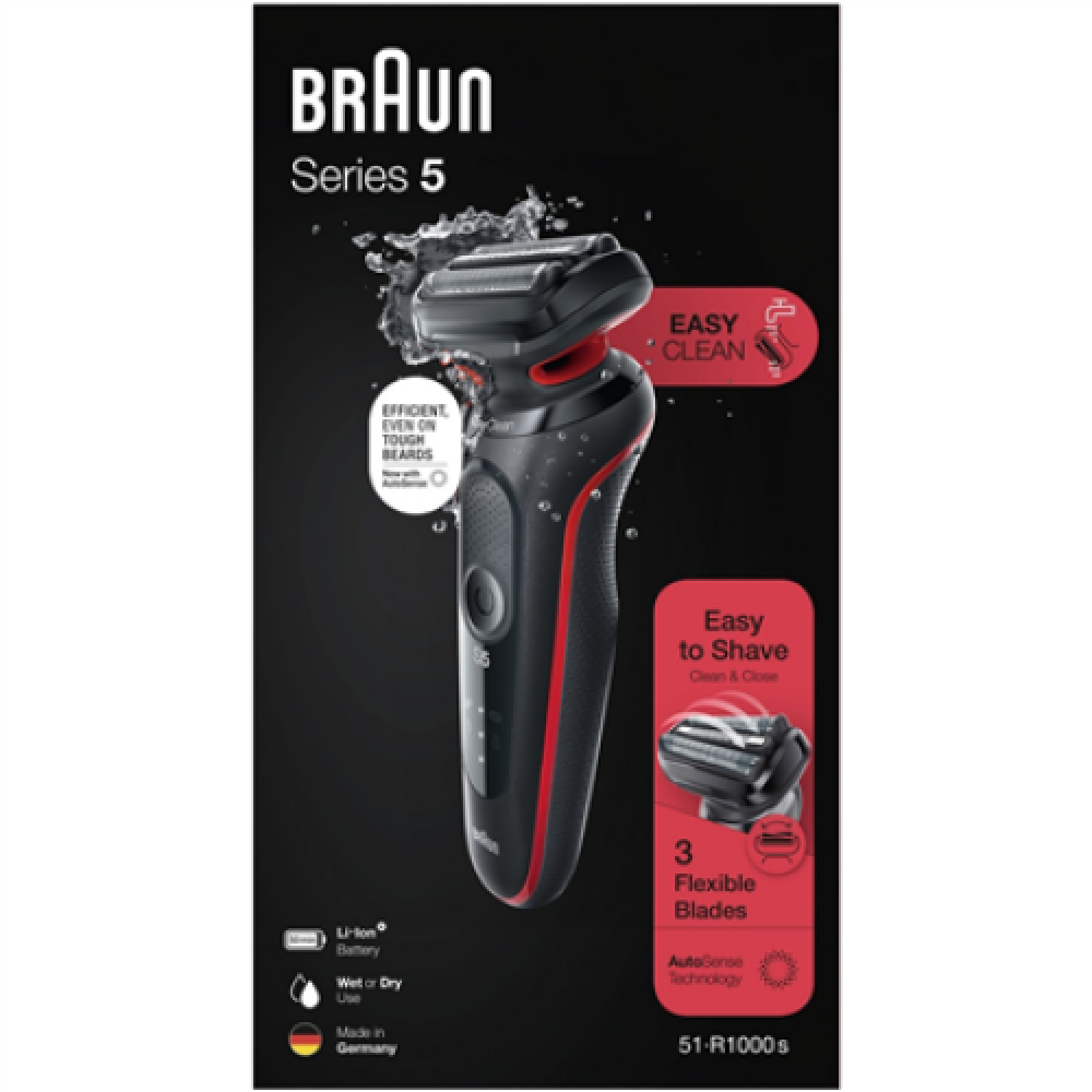 Braun , Shaver , 51-R1000s , Operating time (max) 50 min , Wet & Dry , Black/Red