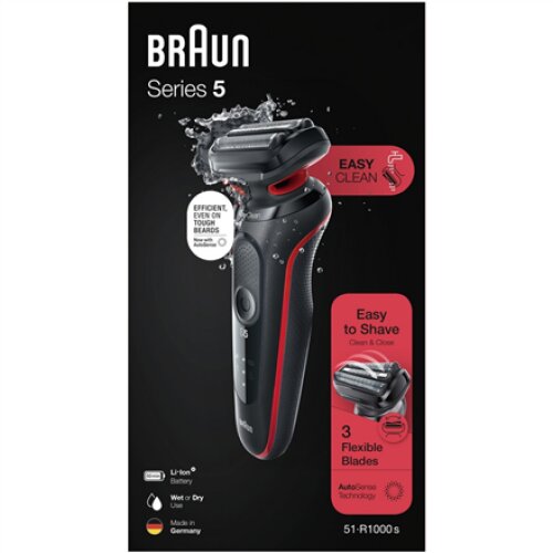 Braun , Shaver , 51-R1000s , Operating time (max) 50 min , Wet & Dry , Black/Red