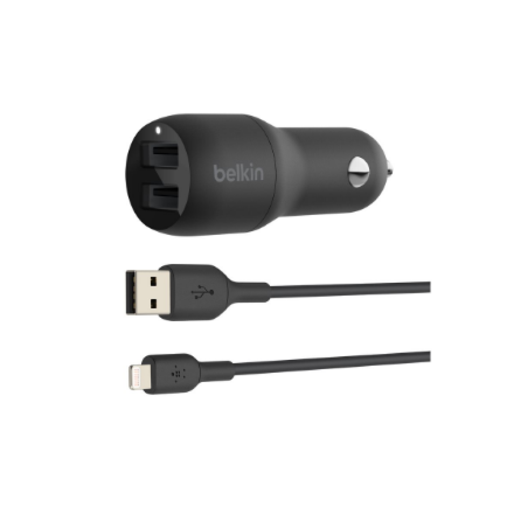 Belkin , Dual USB-A Car Charger 24W + USB-A to Lightning Cable , BOOST CHARGE
