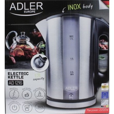 SALE OUT. Adler AD 1216 Cordless Water Kettle, 1.7L, 2000W, Filter, Boil-dry protection, Rotary base 360 degree, Illumination, Inox body , SALE OUT. Adler , Kettle , AD 1216 , Standard , 2000 W , 1.7 L , Stainless steel , 360° rotational base , Stainless 
