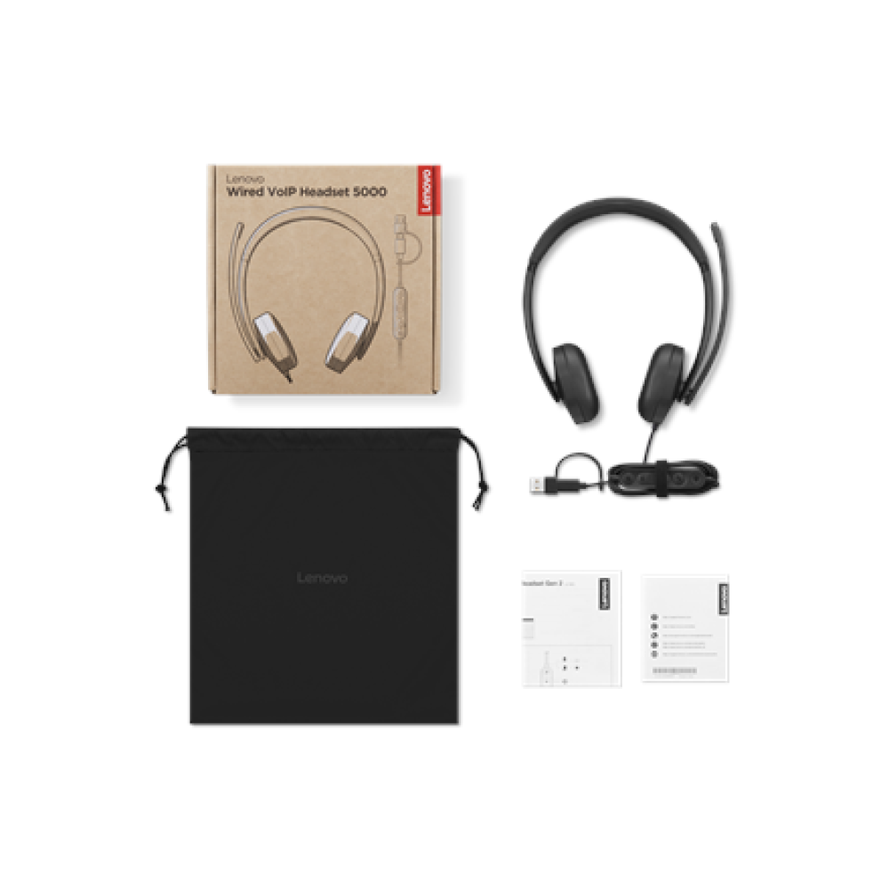 Lenovo Wired VoIP Headset 5000 (Teams) , Built-in microphone , USB Type-A, USB Type-C , Black