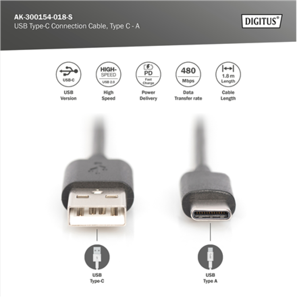 Digitus USB Type-C connection cable, Type USB-A to USB-C , AK-300154-018-S