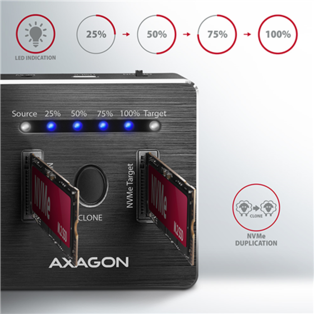 AXAGON , USB-C 3.2 Gen2 - 2x NVMe CLONE DUAL SDD Dock Station , ADSA-M2C