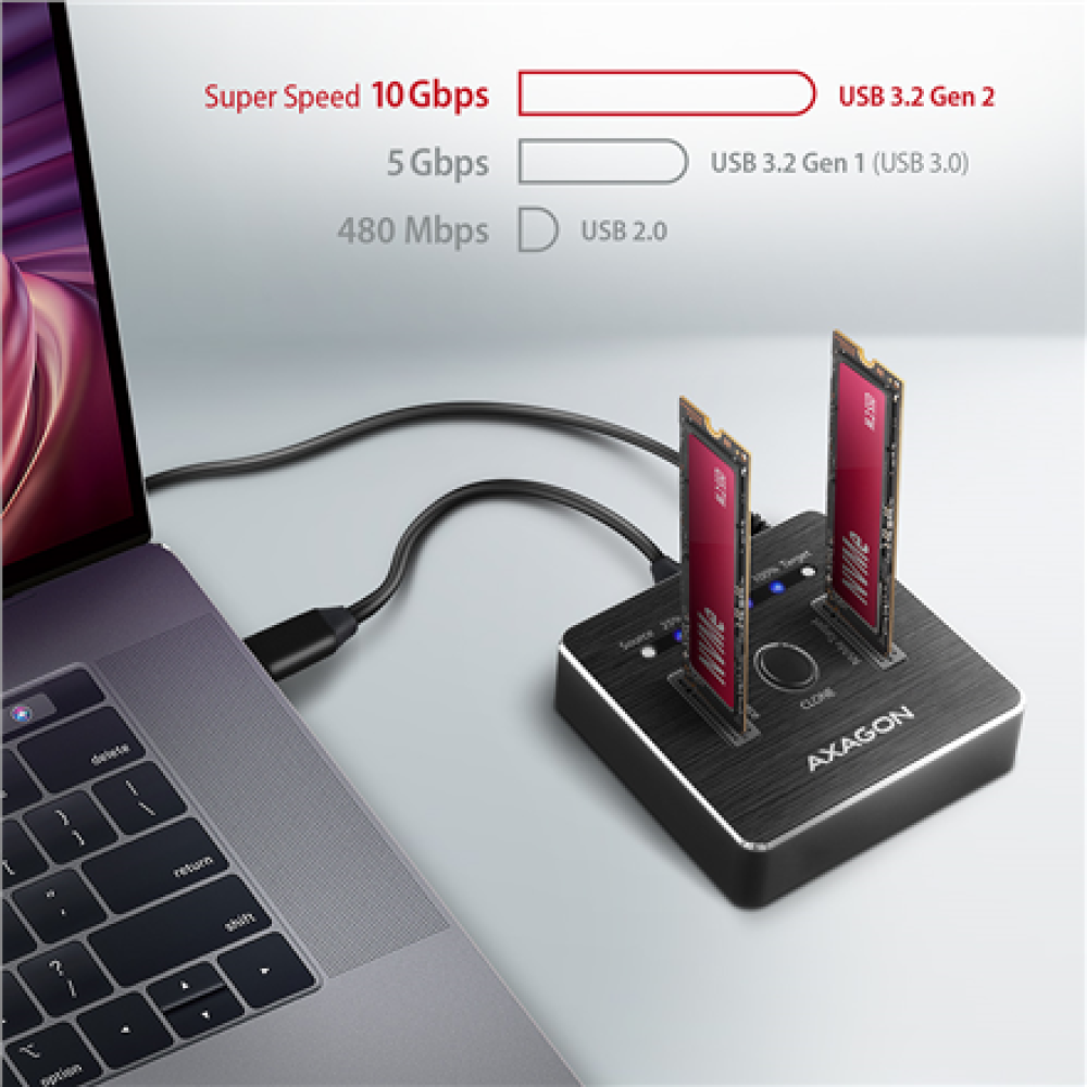 AXAGON , USB-C 3.2 Gen2 - 2x NVMe CLONE DUAL SDD Dock Station , ADSA-M2C