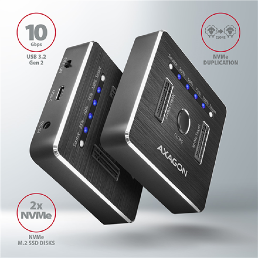 AXAGON , USB-C 3.2 Gen2 - 2x NVMe CLONE DUAL SDD Dock Station , ADSA-M2C
