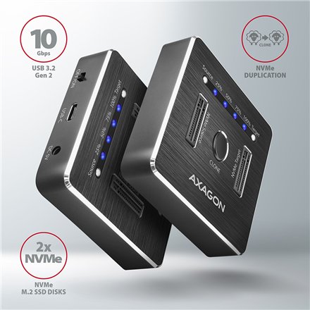 AXAGON , USB-C 3.2 Gen2 - 2x NVMe CLONE DUAL SDD Dock Station , ADSA-M2C