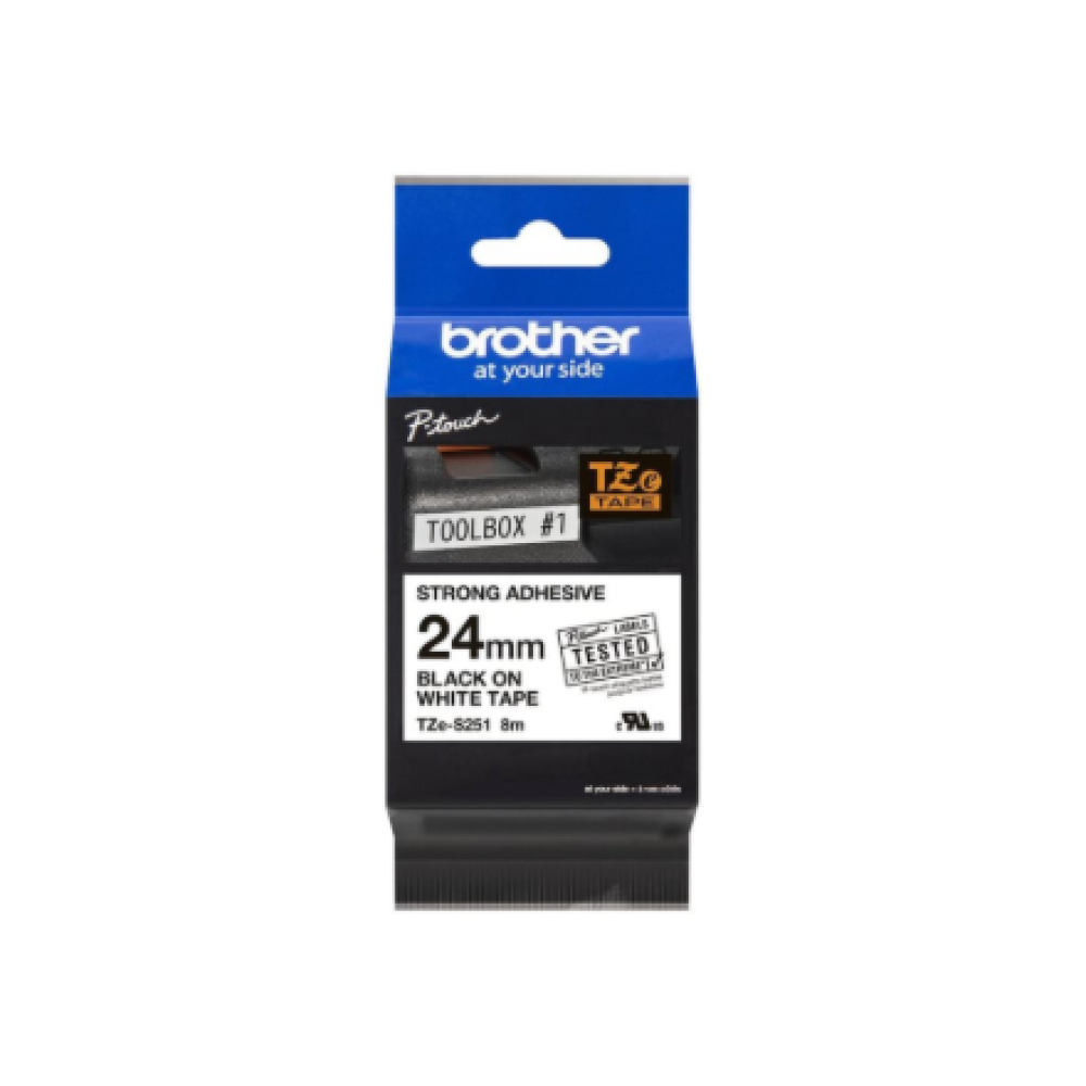 Brother , TZe-S251 Strong Adhesive Laminated Tape , Black on White , TZe , 8 m , 2.4 cm