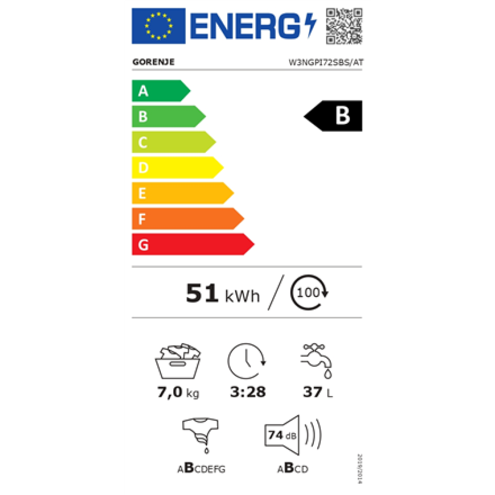Gorenje Washing machine , W3NGPI72SBS , Energy efficiency class B , Front loading , Washing capacity 7 kg , 1200 RPM , Depth 43.5 cm , Width 59.5 cm , Display , LCD , Steam function