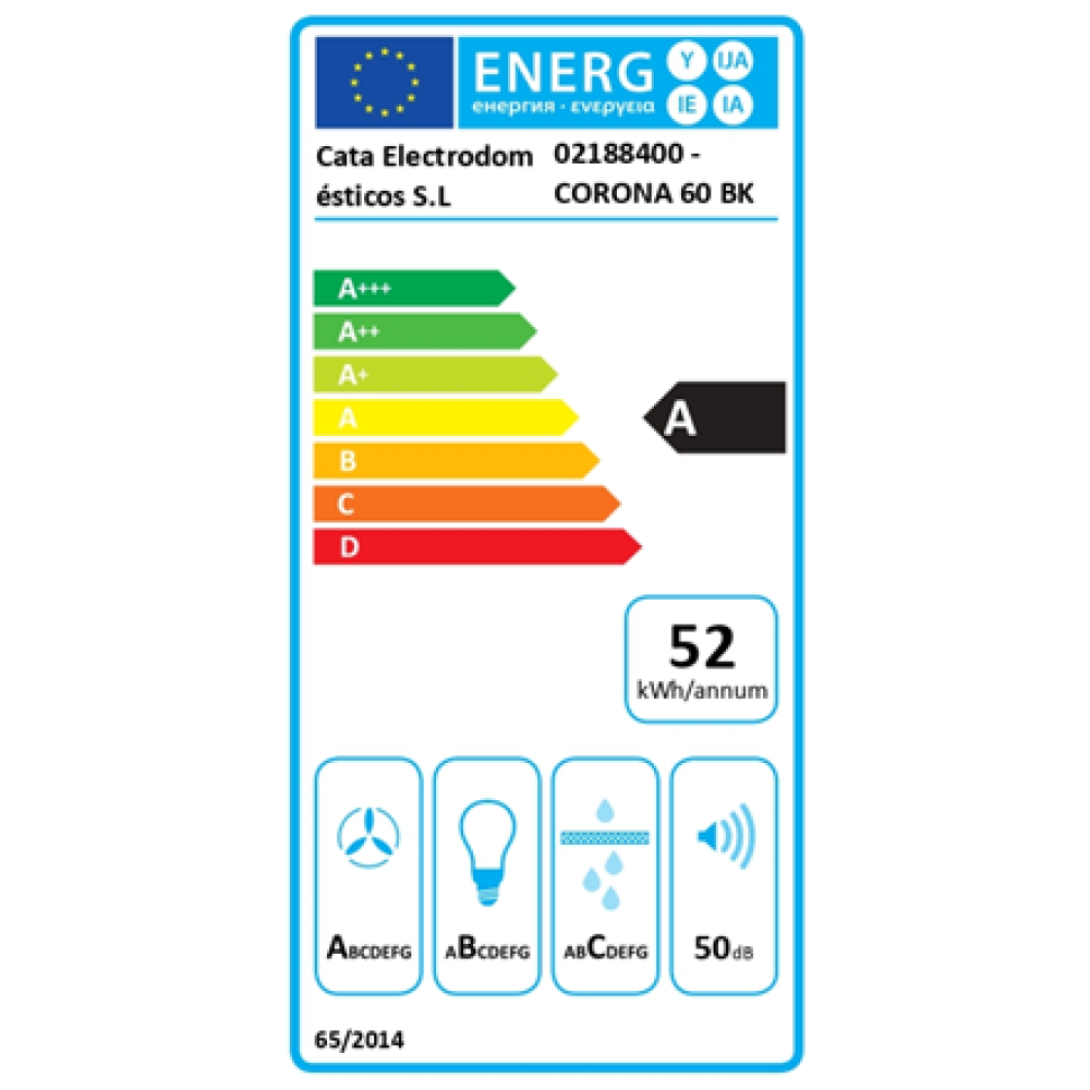 CATA CORONA BK 60 /C , Hood , Integrated , Energy efficiency class A , Width 60 cm , Electronic , 850 m³/h , LED , Black