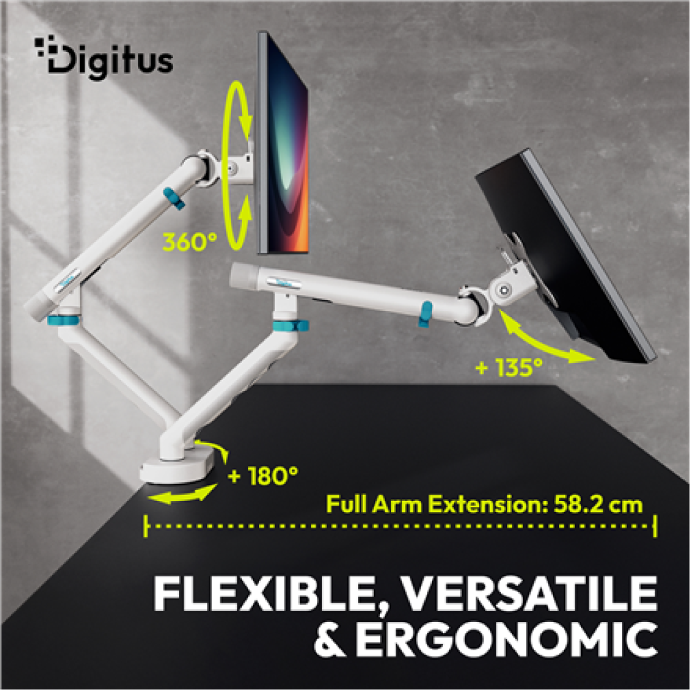 Digitus Desk Mount , Tilt, rotation, pivot , Dual design monitor mount, 2x 35, 2x 10 kg , 35 , Maximum weight (capacity) 20 kg , White