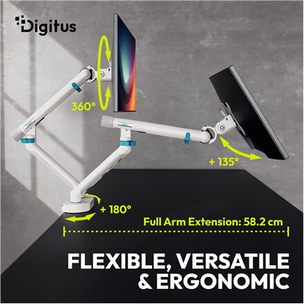 Digitus Desk Mount , Tilt, rotation, pivot , Dual design monitor mount, 2x 35, 2x 10 kg , 35 , Maximum weight (capacity) 20 kg , White