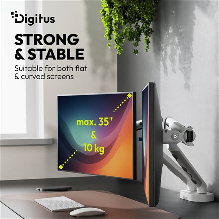 Digitus Desk Mount , Tilt, rotation, pivot , Dual design monitor mount, 2x 35, 2x 10 kg , 35 , Maximum weight (capacity) 20 kg , White