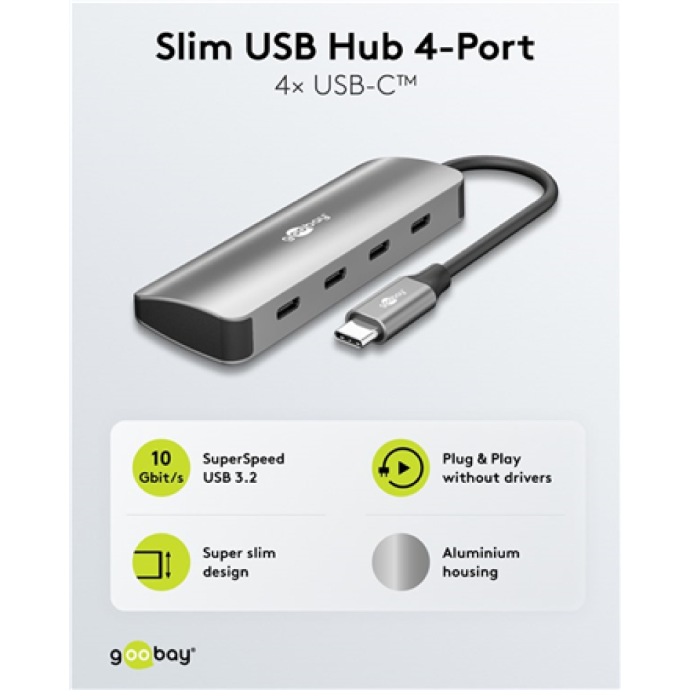 Goobay Slim 4-Port USB-Hub, USB-C auf USB-C, 10 Gbit/s, Grey , 76565