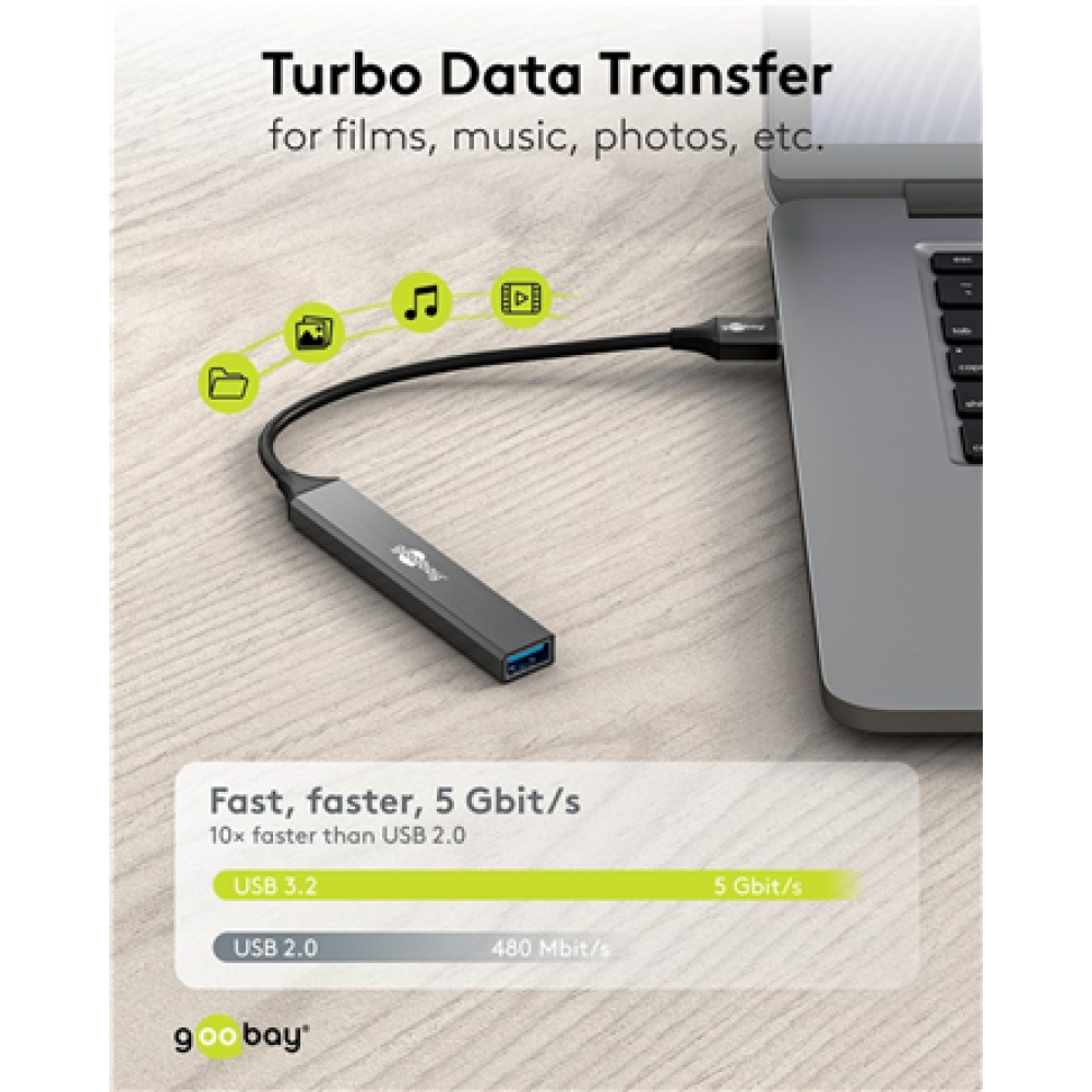 Goobay Slim 4-Port USB Hub, USB-A to USB-A, 5 Gbit/s , 74456