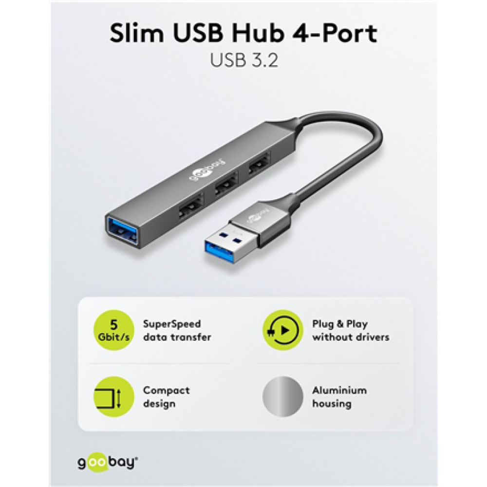 Goobay Slim 4-Port USB Hub, USB-A to USB-A, 5 Gbit/s , 74456