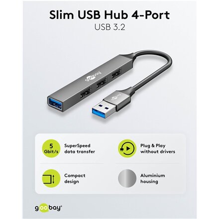 Goobay Slim 4-Port USB Hub, USB-A to USB-A, 5 Gbit/s , 74456