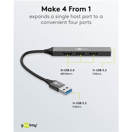 Goobay Slim 4-Port USB Hub, USB-A to USB-A, 5 Gbit/s , 74456