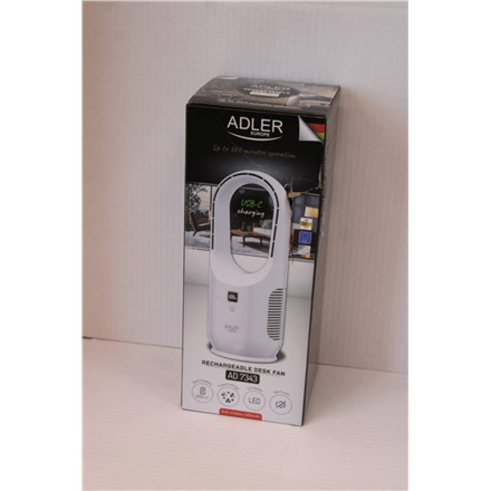 SALE OUT. Adler Bladeless Rechargeable Fan , AD 7343 , Desk Fan , Diameter 14 cm , Number of speeds 3 , White , DAMAGED PACKAGING