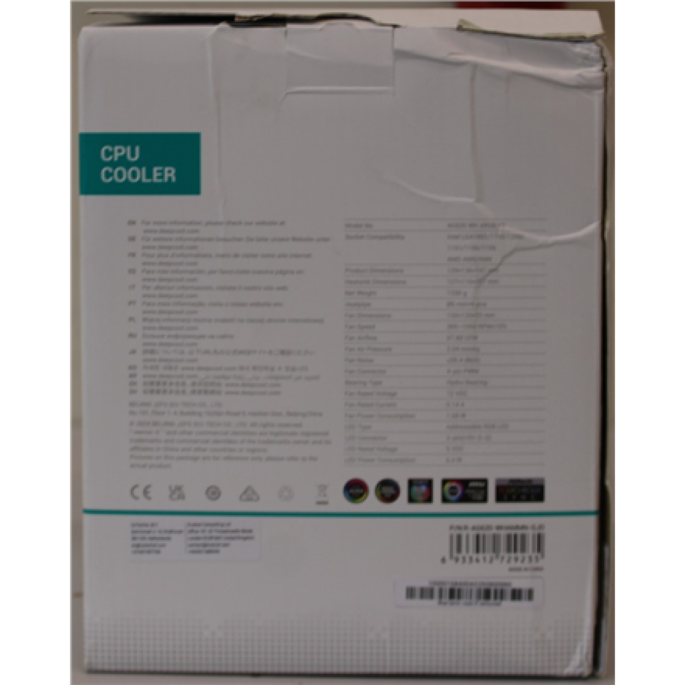 SALE OUT. Deepcool AG620 ARGB V2 CPU Cooler, white , Deepcool CPU Cooler , AG620 ARGB , DAMAGED PACKAGING , Intel, AMD