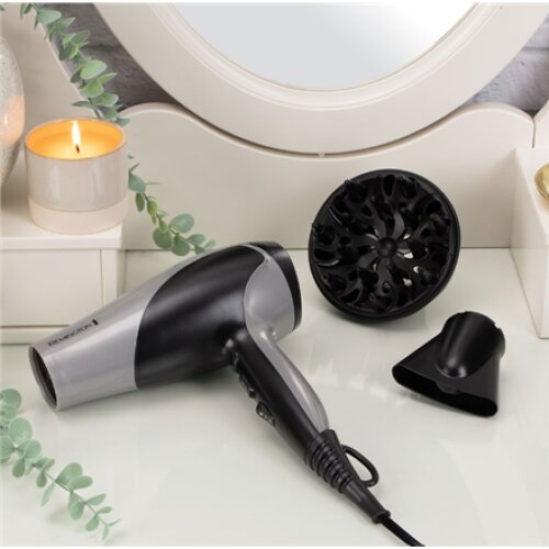 Remington Hair Dryer , D3190S , 2200 W , Number of temperature settings 3 , Ionic function , Diffuser nozzle , Grey/Black