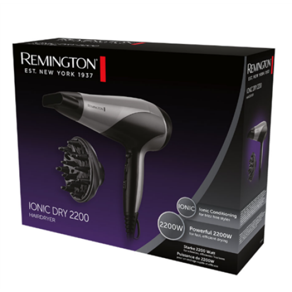Remington Hair Dryer , D3190S , 2200 W , Number of temperature settings 3 , Ionic function , Diffuser nozzle , Grey/Black
