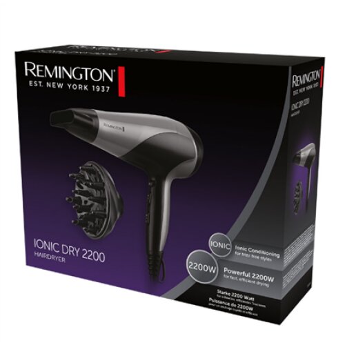 Remington Hair Dryer , D3190S , 2200 W , Number of temperature settings 3 , Ionic function , Diffuser nozzle , Grey/Black