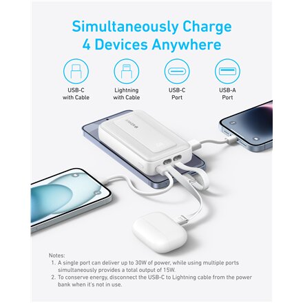 Anker , Power Bank , A1680H21 , 10000 mAh , USB-C 30W, Lightning 27W , Built-In USB-C and Lightning Cables , White