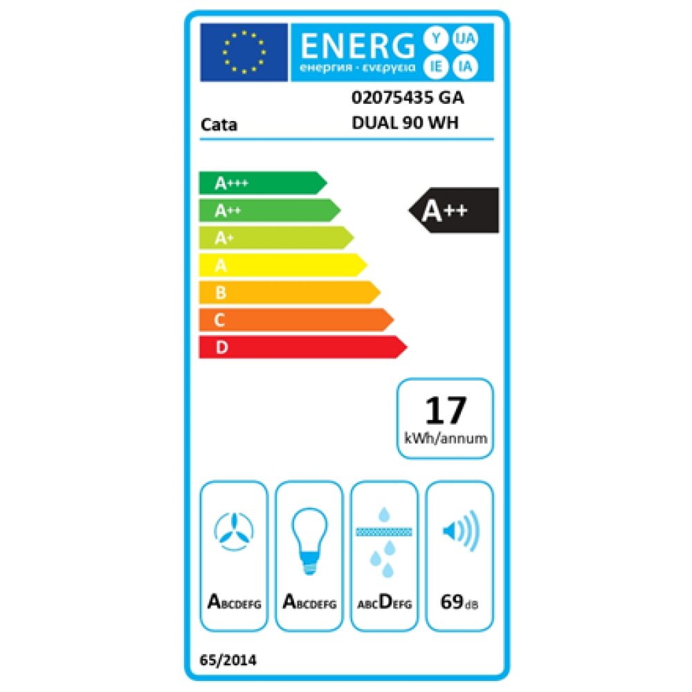 CATA GA DUAL 90 , Hood , Canopy , Energy efficiency class A++ , Width 90 cm , Touch sensitive , 805 m³/h , LED , Stainless steel