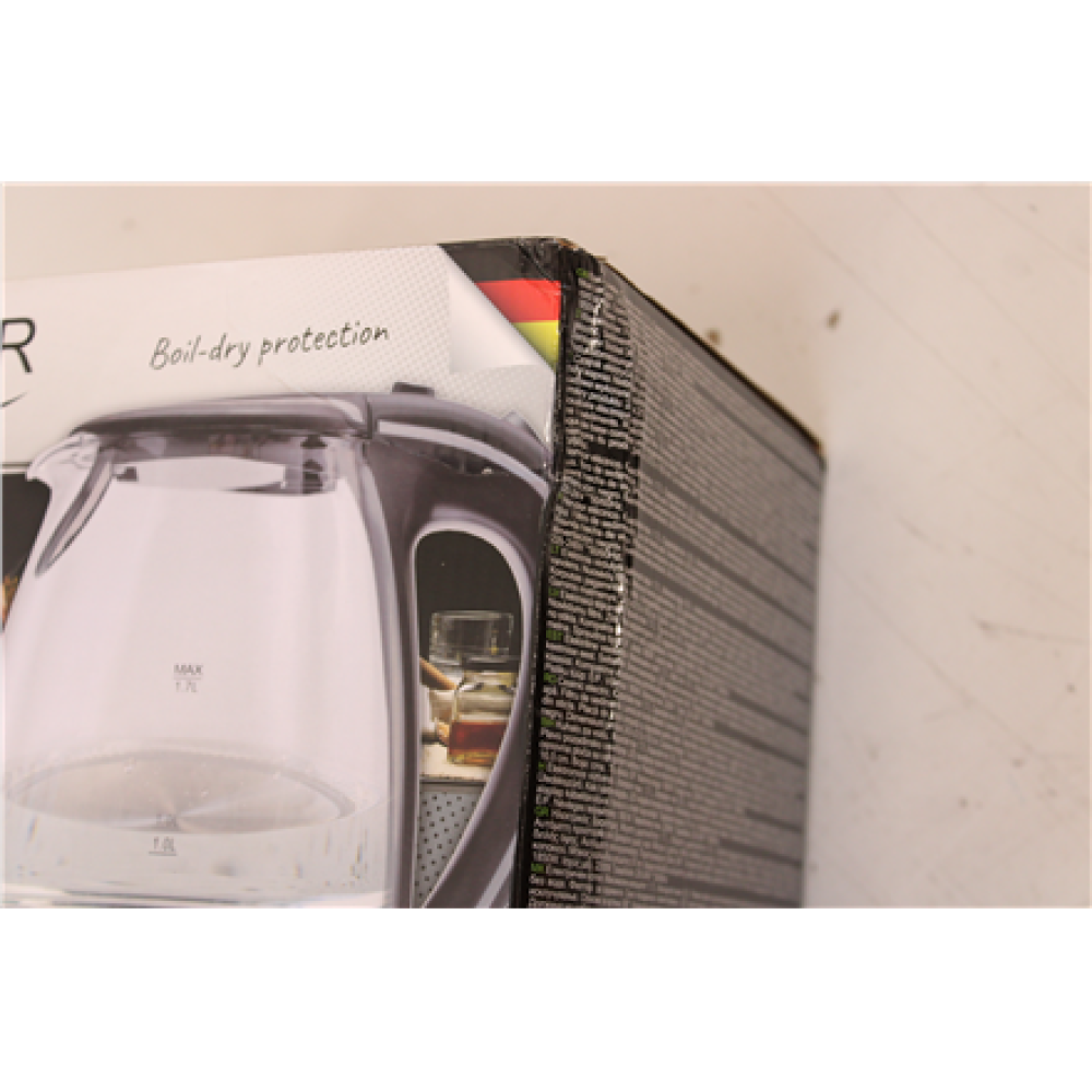 SALE OUT. Adler AD 1225 Cordless Water Kettle, 1.7L, 2000W, Anti-calc filter, Boil-dry protection, Rotary base 360 degree , Adler , Kettle , AD 1225 , Standard , 2000 W , 1.7 L , Glass , 360° rotational base , Stainless steel/Black , DAMAGED PACKAGING, SC