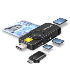 AXAGON Compact travel USB-A + USB-C contact Smart/ID card and SD/microSD/SIM card reader , CRE-SMP2A