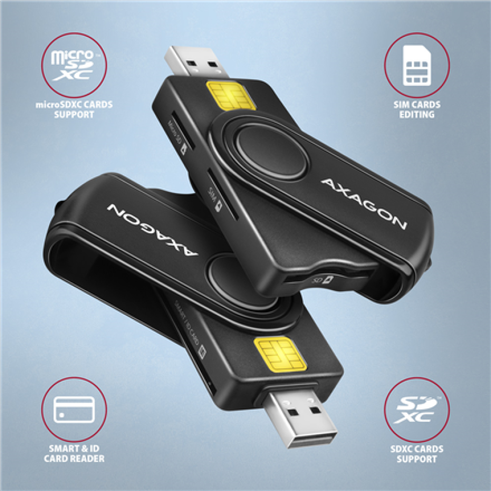 AXAGON Compact travel USB-A + USB-C contact Smart/ID card and SD/microSD/SIM card reader , CRE-SMP2A