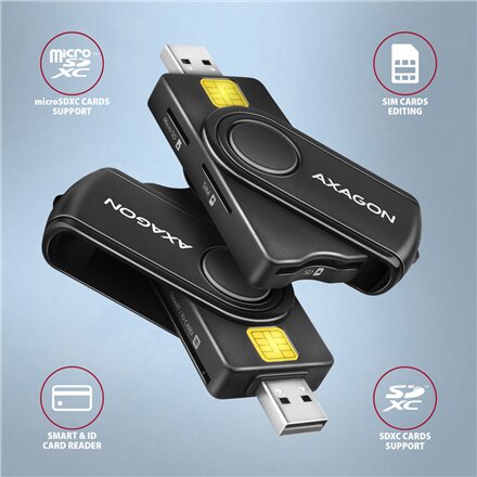 AXAGON Compact travel USB-A + USB-C contact Smart/ID card and SD/microSD/SIM card reader , CRE-SMP2A
