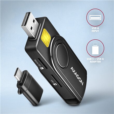 AXAGON Compact travel USB-A + USB-C contact Smart/ID card and SD/microSD/SIM card reader , CRE-SMP2A