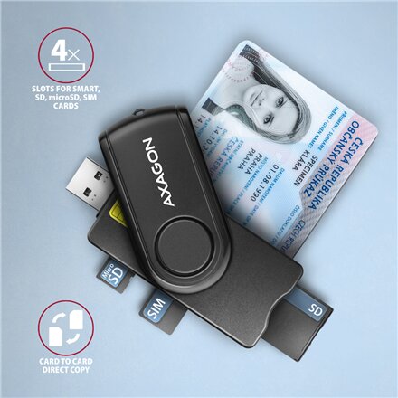 AXAGON Compact travel USB-A + USB-C contact Smart/ID card and SD/microSD/SIM card reader , CRE-SMP2A
